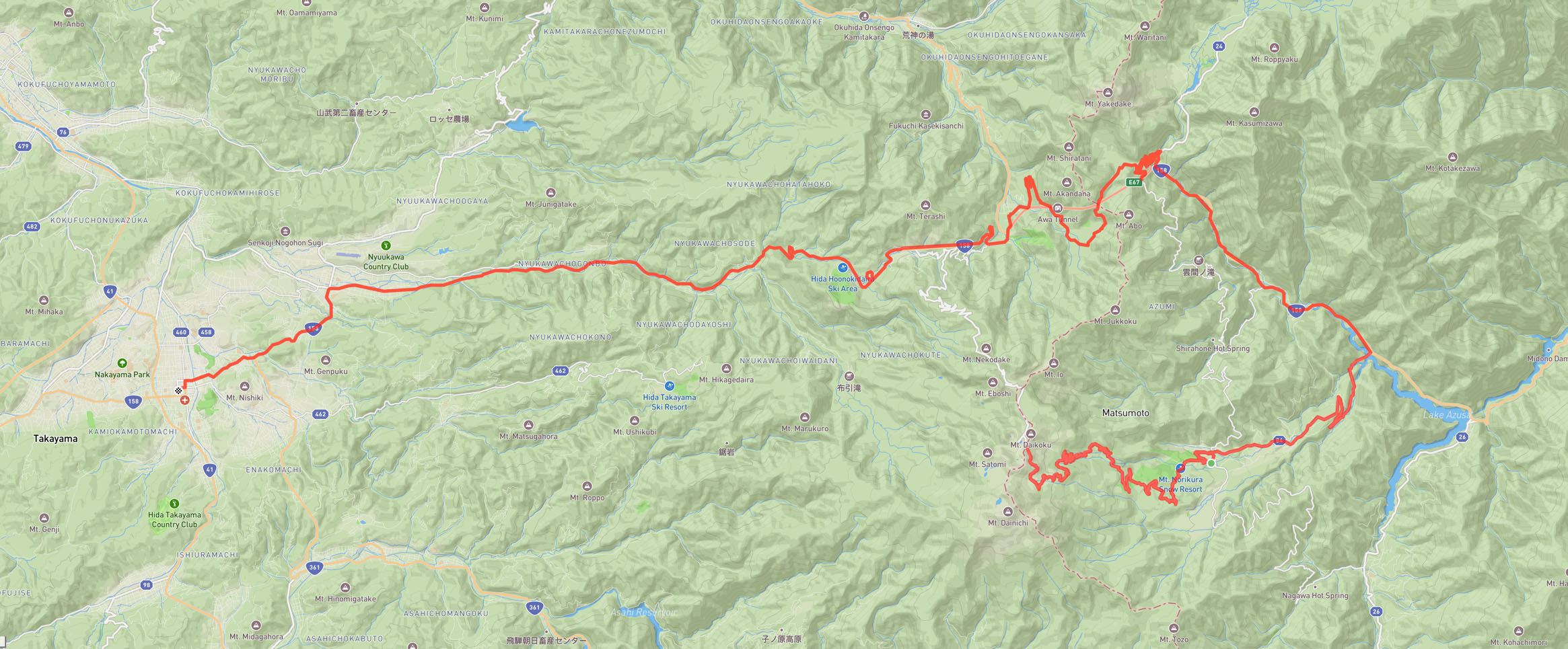 Tokyo to Kyoto cycling trip, day 3. Norikura Kogen to Takayama map