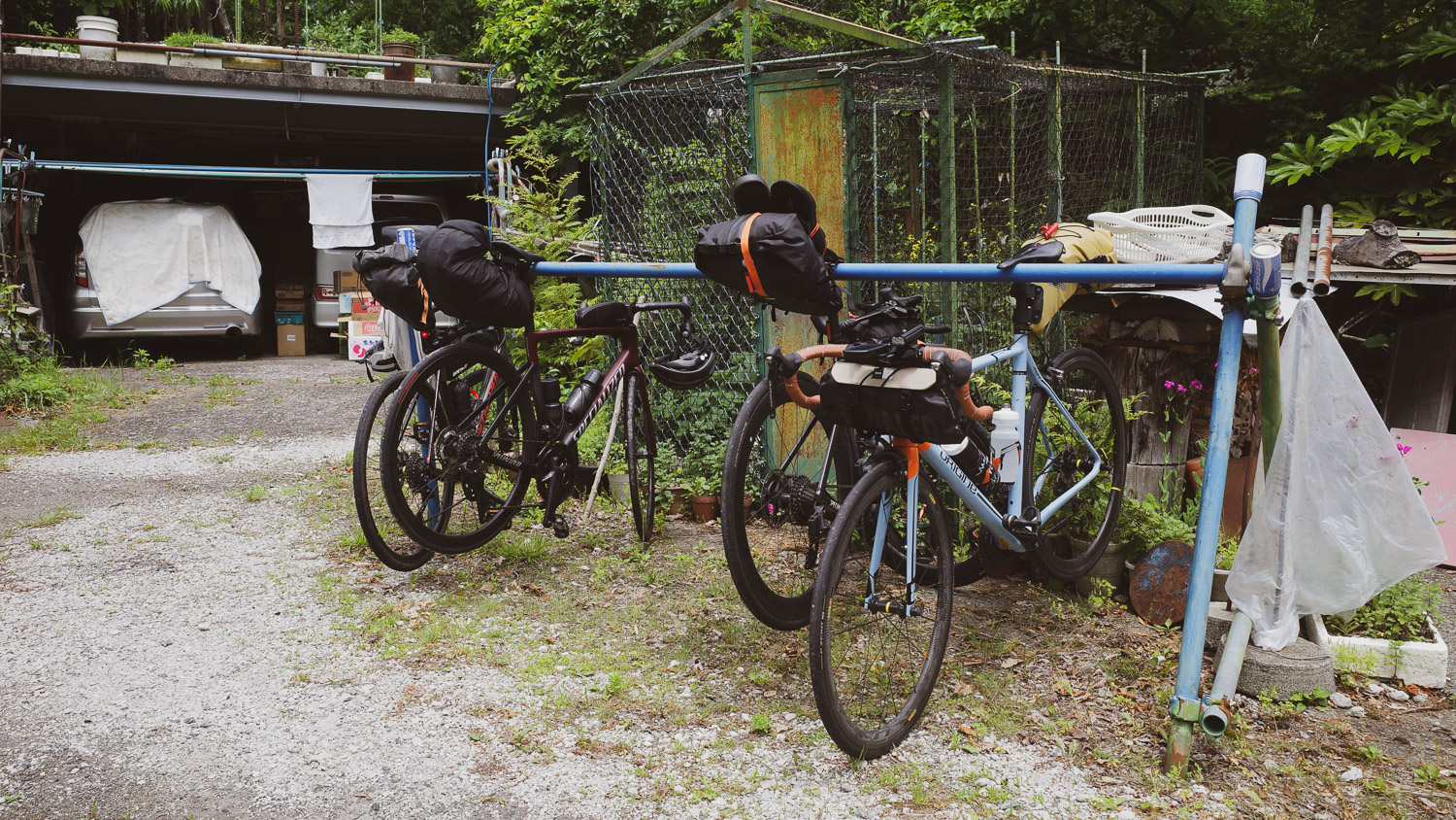 Bicycles parked at a Udon shop by Lake Okutama, Japan